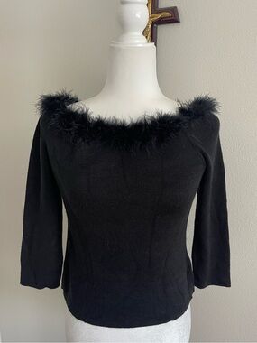 Spoiled Black Off-the-Shoulder Feather-Trim Sweater